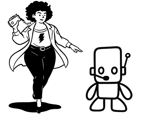 Garota andando ouve música com fone de ouvido e aponta para robô Toborino que usa uma das antenas como microfone, simulando atendimento.