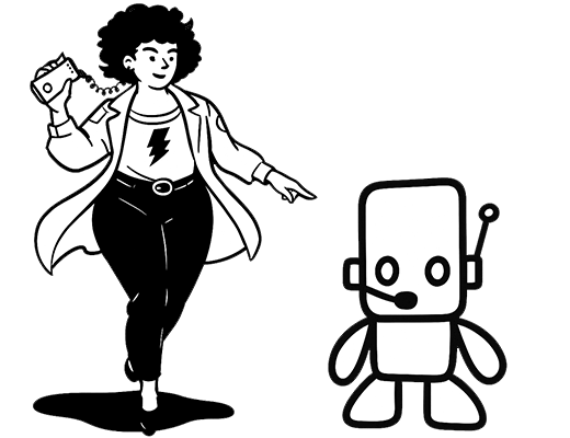 Garota andando ouve música com fone de ouvido e aponta para robô Toborino que usa uma das antenas como microfone, simulando atendimento.