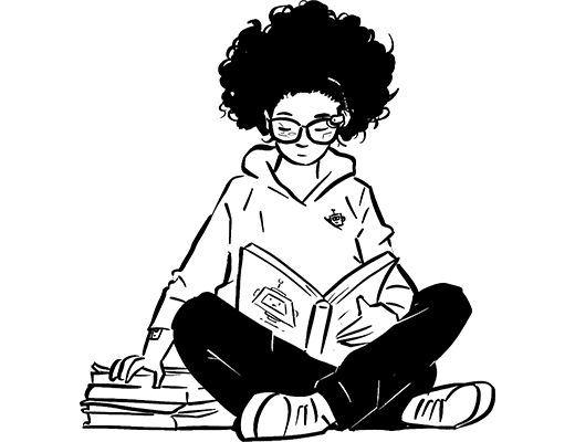 Garota lendo um livro sobre robôs