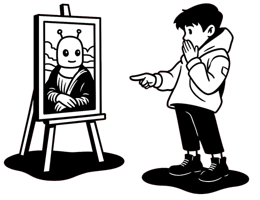 Garoto aponta para quadro com robô posando como Monalisa