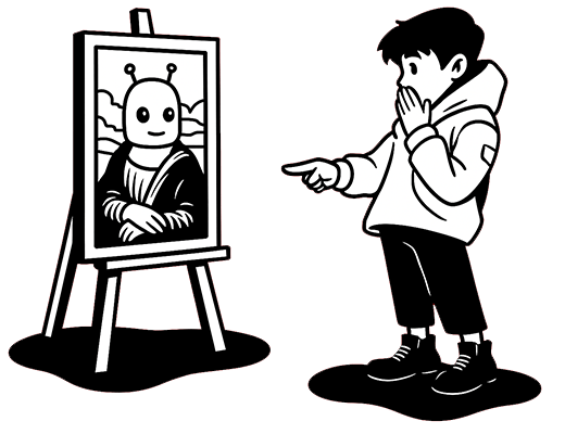 Garoto aponta para quadro com robô posando como Monalisa