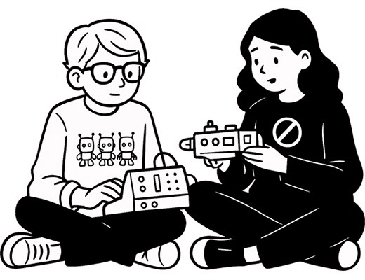 Garoto com camisa com robôs Toborino e menina brincam com computadores eletrônicos.