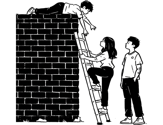 Garoto ajuda menina a subir escada enquanto outro garoto observa