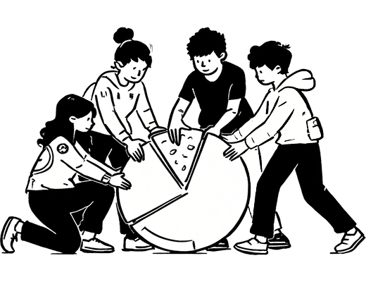 Dois meninos e duas meninas constroem juntos um gráfico de pizza, simbolizando os serviços que oferecemos.