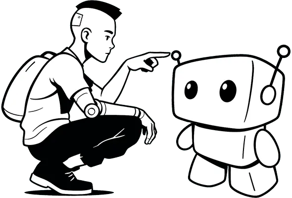 Jovem com penteado moicano e mochila aponta para o robô Toborino com grandes olhos e antenas.